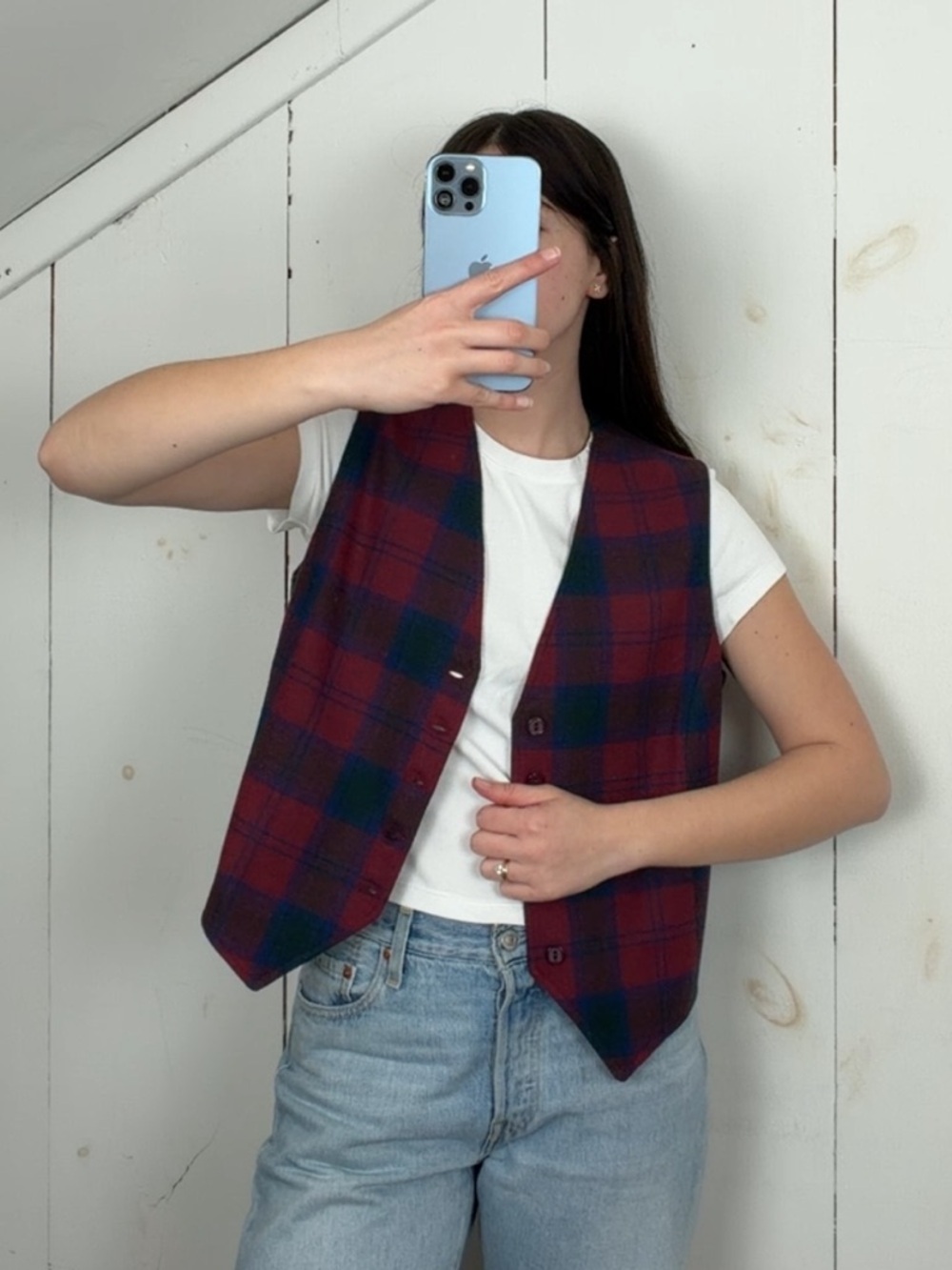 Vintage Wool Maroon Navy Plaid V-Neck Cardigan Vest Women’s 14 M Preppy Academia